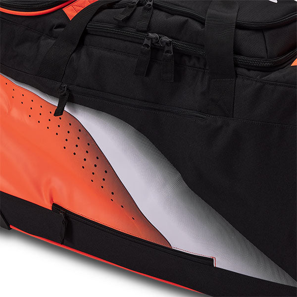 Fox Racing Shuttle Divider Roller Gearbag SKU 32337 Flo Orange back view showing retractable pull handle and wheel base