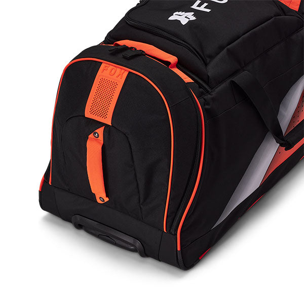 Fox Racing Shuttle Divider Roller Gearbag SKU 32337 Flo Orange side view showing roller wheels and zippered compartments