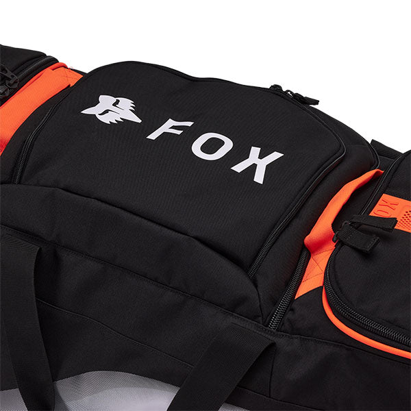 Fox Racing Shuttle Divider Roller Gearbag SKU 32337 Flo Orange close-up of HD durable wheels and pull handle