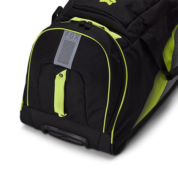 Fox Racing Shuttle Divider Roller Gearbag SKU 32337 Cloud Gray side view showing roller wheels and zippered compartments