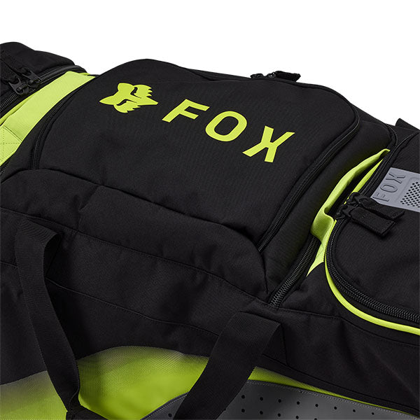 Fox Racing Shuttle Divider Roller Gearbag SKU 32337 Cloud Gray close-up of HD durable wheels and pull handle