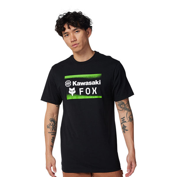 Crisp studio image on a white background of Fox Racing Fox x Kawasaki Premium Tee; showing tee fit, printed graphics, and crew neckline; SKU 32060-001-S