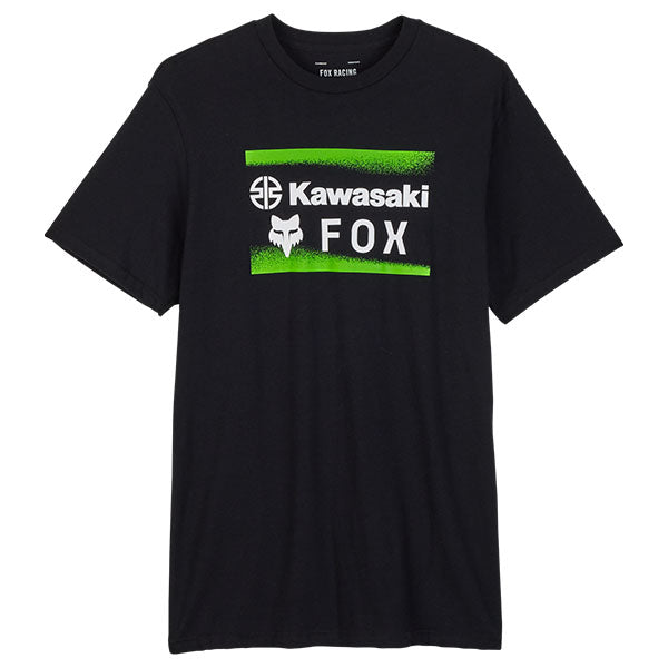 Studio photo on a white background of Fox Racing Fox x Kawasaki Premium Tee; showing tee fit, printed graphics, and crew neckline; SKU 32060-001-S