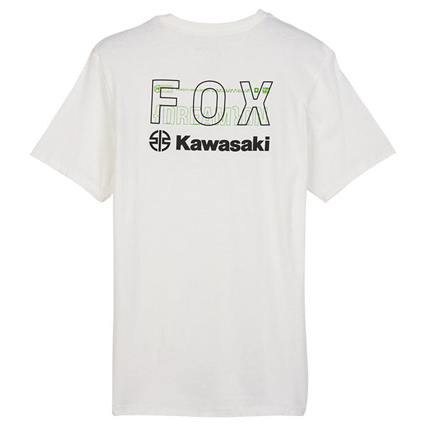 High-resolution studio image of Fox Racing Fox x Kawasaki II Premium Tee; showing tee fit, printed graphics, and crew neckline; SKU 32061-001-S