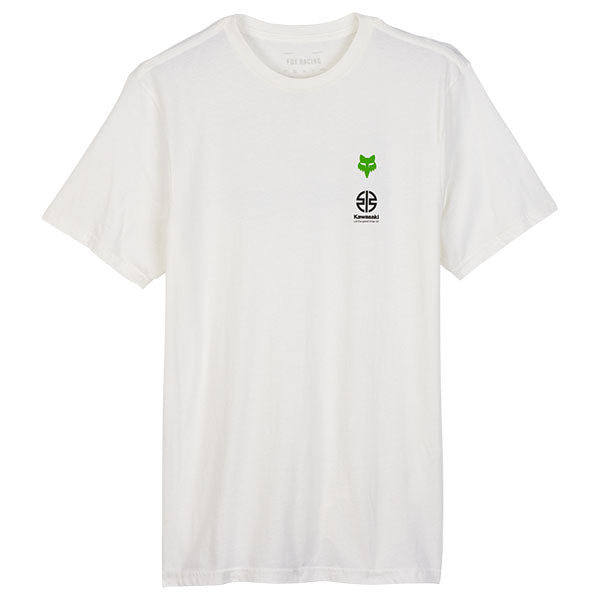 Studio photo on a white background of Fox Racing Fox x Kawasaki II Premium Tee; showing tee fit, printed graphics, and crew neckline; SKU 32061-001-S
