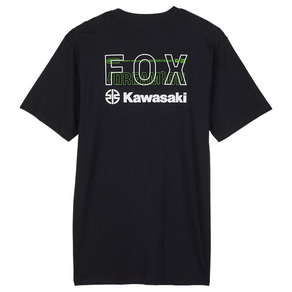 Professional studio photo of Fox Racing Fox x Kawasaki II Premium Tee; showing tee fit, printed graphics, and crew neckline; SKU 32061-001-S