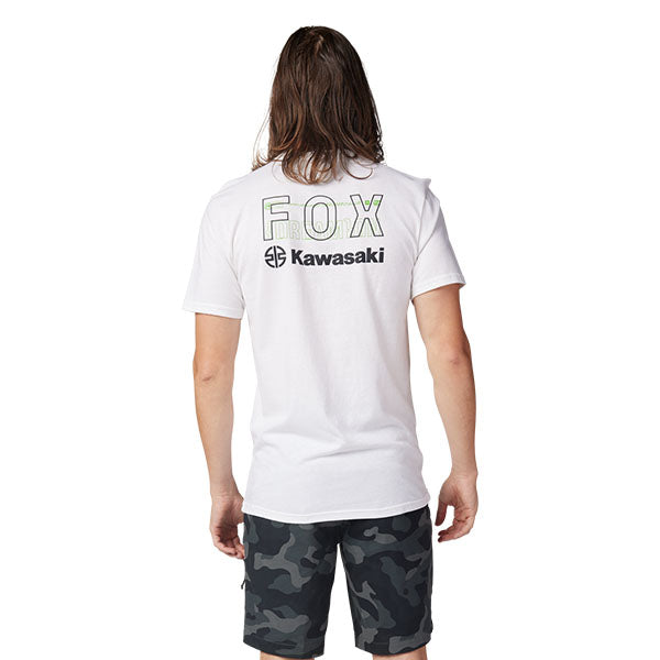 Clean studio shot of Fox Racing Fox x Kawasaki II Premium Tee; showing tee fit, printed graphics, and crew neckline; SKU 32061-001-S