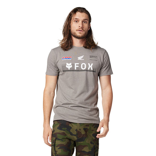 Clean studio shot of Fox Racing Fox x Honda Premium Tee; showing tee fit, printed graphics, and crew neckline; SKU 32058-001-S