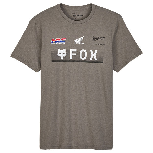 Crisp studio image on a white background of Fox Racing Fox x Honda Premium Tee; showing tee fit, printed graphics, and crew neckline; SKU 32058-001-S