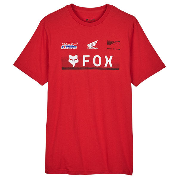 Studio photo on a white background of Fox Racing Fox x Honda Premium Tee; showing tee fit, printed graphics, and crew neckline; SKU 32058-001-S