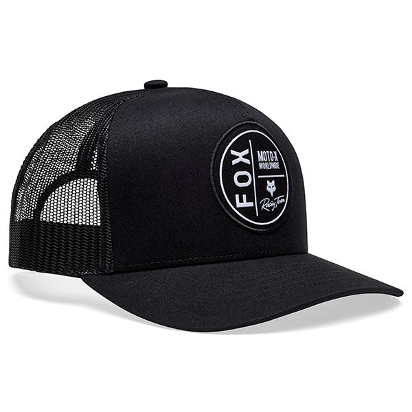 Front view of Fox Racing Worldwide Trucker Hat in Black, SKU 33394-001, featuring bold Fox Racing graphic and structured crown
