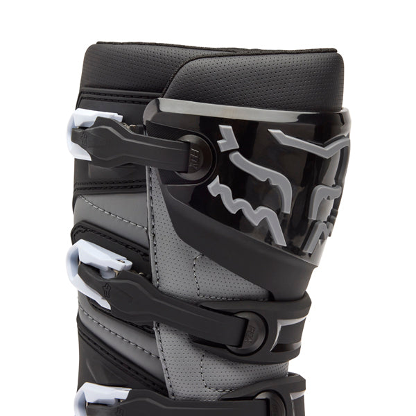 Fox Racing Comp Core Boots (Youth) product image in Blk/Gry sizes Y-1, Y-2, Y-3, Y-4, Y-5, Y-6, Y-7, Y-8 SKU 30471-014-. Boots | Available at BTO Sports