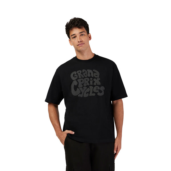 High-resolution studio image of Fox Racing GPC Oversized Tee; showing tee fit, printed graphics, and crew neckline; SKU 33427-001-S; Colors: Black