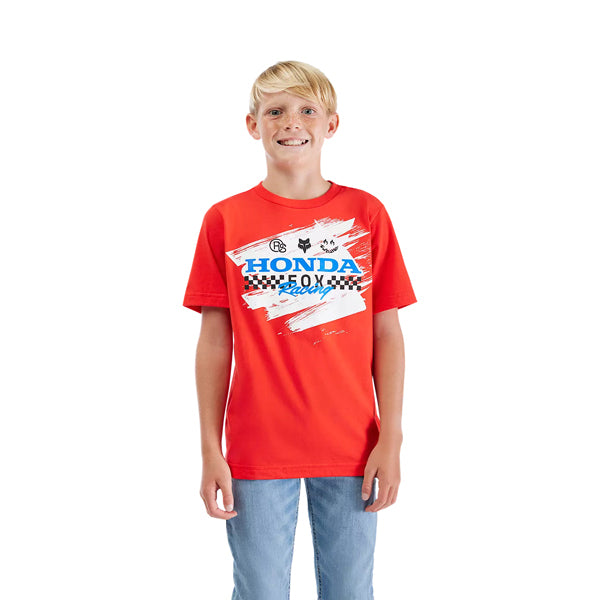 Clean studio shot of Fox Racing Fox x Honda Tee (Youth); showing tee fit, printed graphics, and crew neckline; SKU 33568-003-YS; Colors: Red, Black