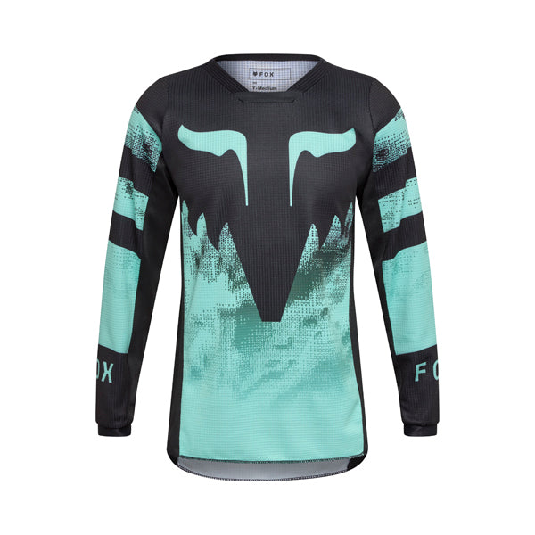 Front view of Fox Racing Youth 180 Kairos Jersey in turquoise showing lightweight fit, breathable mesh panels, and extended rear hem, SKU 36312-295 | SKU: 36312-279 | Available at BTO Sports