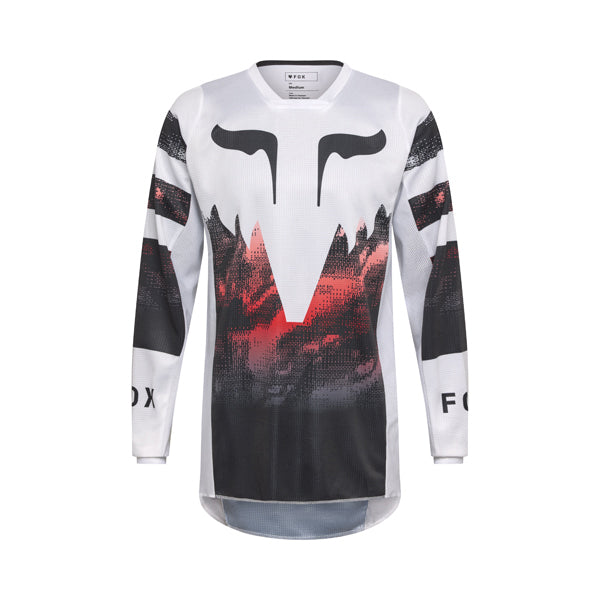 Front view of Fox Racing 180 Kairos Jersey in white/flo red showing mesh collar, vented panels, and drop-tail hem, SKU 36313-047 | SKU: 36313-27 | Available at BTO Sports