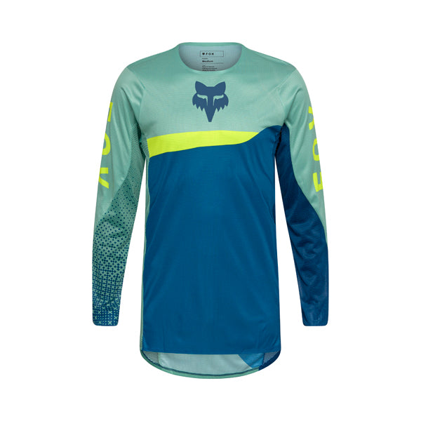Front view of Flexair Fracture Jersey in spearmint green with Fox branding and active-fit sleeves, SKU 36316-266 | SKU: 36316-11 | Available at BTO Sports