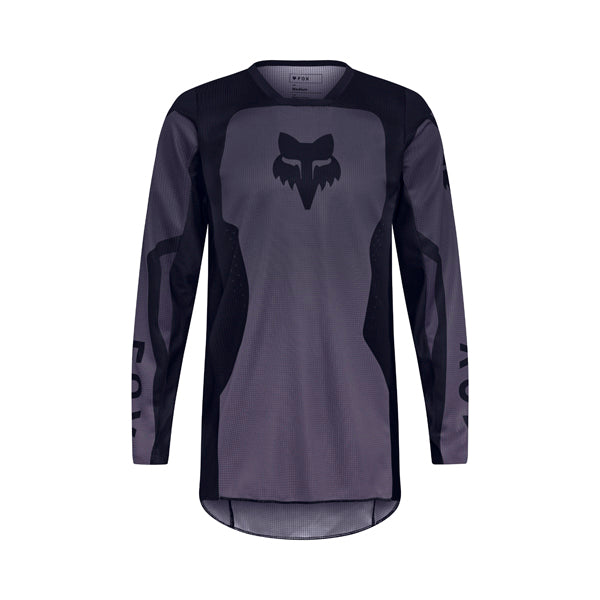 Front view of Fox Racing 180 Shield Jersey in black showing mesh collar, vented panels, and drop-tail hem, SKU 36322-001 | SKU: 36322-001 | Available at BTO Sports