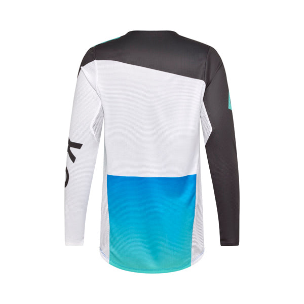 Rear angled view of Fox Racing Youth Flexair Spire Jersey in aqua blue with sublimated graphics and extended drop-tail hem, SKU 36327-246 | SKU: 36327-246 | Available at BTO Sports