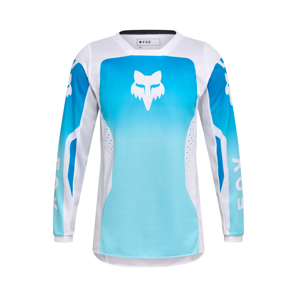 Front view of Youth Girls 180 Shield Jersey in blue and white showing moisture-wicking fabric, vented mesh panels, and drop-tail hem, SKU 36332-025 | SKU: 36332-285 | Available at BTO Sports