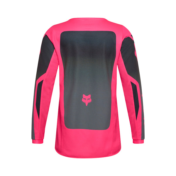 Rear view of Youth Girls 180 Shield Jersey in black and pink highlighting full-back mesh ventilation and Fox Shield logos, SKU 36332-285 | SKU: 36332-285 | Available at BTO Sports