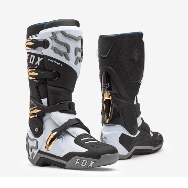 Fox Racing Instinct Boots front angle view in Wht/Blk/Gry sizes 8, 9, 9.5, 10, 10.5, 11, 11.5, 12, 13, 14 SKU 36361-537-. Boots | Available at BTO Sports