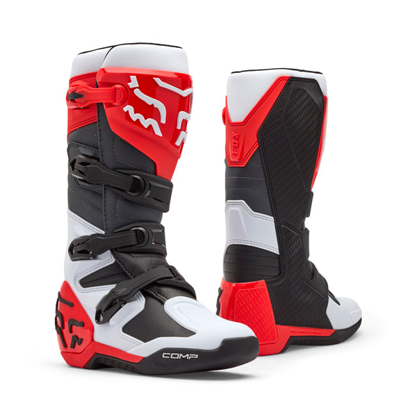 Fox Racing Comp Boots front angle view in Wht/Flo/Red sizes 8, 9, 9.5, 10, 10.5, 11, 11.5, 12, 13, 14 SKU 36362-047-. Boots | Available at BTO Sports