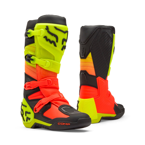 Fox Racing Comp Boots front angle view in Wht/Flo/Red sizes 8, 9, 9.5, 10, 10.5, 11, 11.5, 12, 13, 14 SKU 36362-047-. Boots | Available at BTO Sports