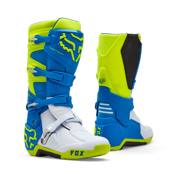 Fox Racing Motion Boots front angle view in Blu/Gry/Wht sizes 5, 6, 7, 8, 9, 9.5, 10, 10.5, 11, 11.5, 12, 13, 14 SKU 36363-424-. Boots | Available at BTO Sports