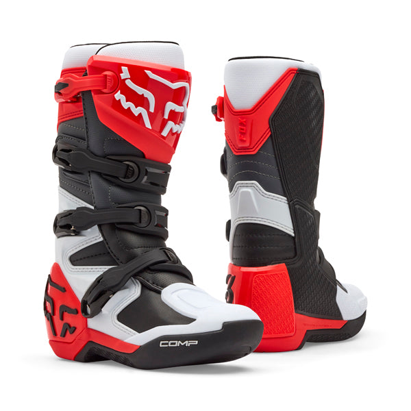 Fox Racing Comp Boots (Youth) front angle view in Wht/Flo/Red sizes Y-1, Y-2, Y-3, Y-4, Y-5, Y-6, Y-7, Y-8 SKU 36364-047-. Boots | Available at BTO Sports