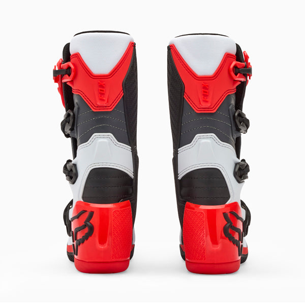 Fox Racing Comp Boots (Youth) product image in Wht/Flo/Red sizes Y-1, Y-2, Y-3, Y-4, Y-5, Y-6, Y-7, Y-8 SKU 36364-047-. Boots | Available at BTO Sports