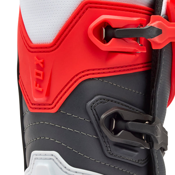 Fox Racing Comp Boots (Youth) product image in Wht/Flo/Red sizes Y-1, Y-2, Y-3, Y-4, Y-5, Y-6, Y-7, Y-8 SKU 36364-047-. Boots | Available at BTO Sports