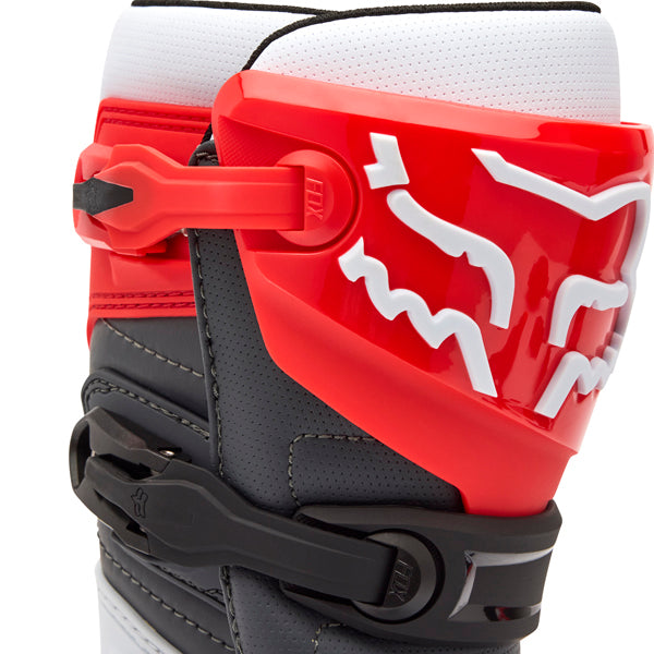 Fox Racing Comp Boots (Youth) product image in Wht/Flo/Red sizes Y-1, Y-2, Y-3, Y-4, Y-5, Y-6, Y-7, Y-8 SKU 36364-047-. Boots | Available at BTO Sports