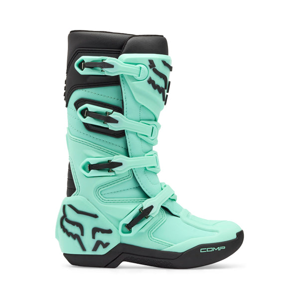 Fox Racing Comp Boots (Youth) side view in Wht/Flo/Red sizes Y-1, Y-2, Y-3, Y-4, Y-5, Y-6, Y-7, Y-8 SKU 36364-047-. Boots | Available at BTO Sports