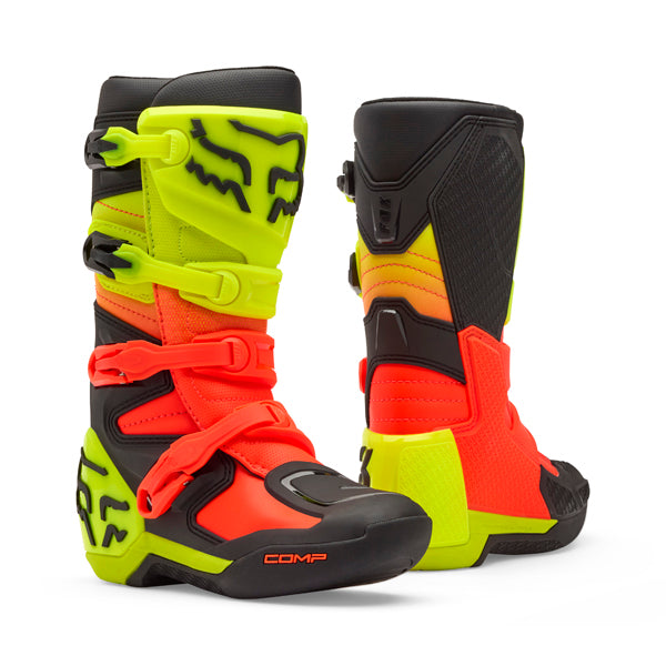 Fox Racing Comp Boots (Youth) front angle view in Wht/Flo/Red sizes Y-1, Y-2, Y-3, Y-4, Y-5, Y-6, Y-7, Y-8 SKU 36364-047-. Boots | Available at BTO Sports