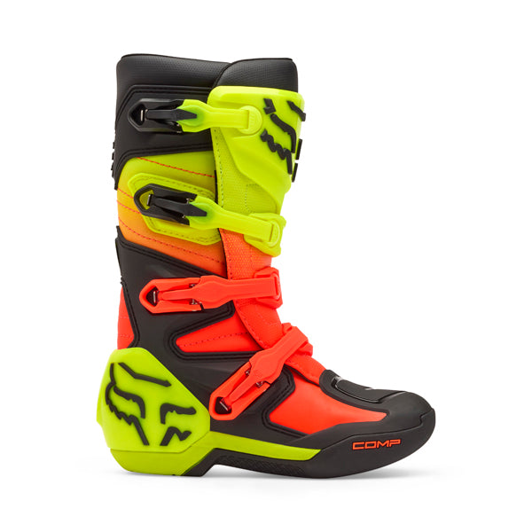 Fox Racing Comp Boots (Youth) side view in Wht/Flo/Red sizes Y-1, Y-2, Y-3, Y-4, Y-5, Y-6, Y-7, Y-8 SKU 36364-047-. Boots | Available at BTO Sports