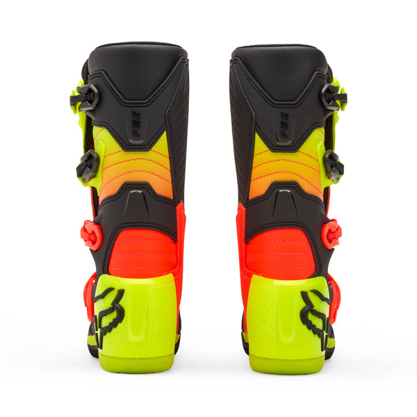 Fox Racing Comp Boots (Youth) product image in Wht/Flo/Red sizes Y-1, Y-2, Y-3, Y-4, Y-5, Y-6, Y-7, Y-8 SKU 36364-047-. Boots | Available at BTO Sports