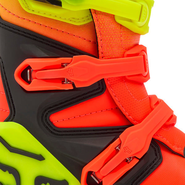 Fox Racing Comp Boots (Youth) product image in Wht/Flo/Red sizes Y-1, Y-2, Y-3, Y-4, Y-5, Y-6, Y-7, Y-8 SKU 36364-047-. Boots | Available at BTO Sports