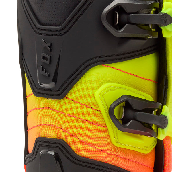 Fox Racing Comp Boots (Youth) product image in Wht/Flo/Red sizes Y-1, Y-2, Y-3, Y-4, Y-5, Y-6, Y-7, Y-8 SKU 36364-047-. Boots | Available at BTO Sports