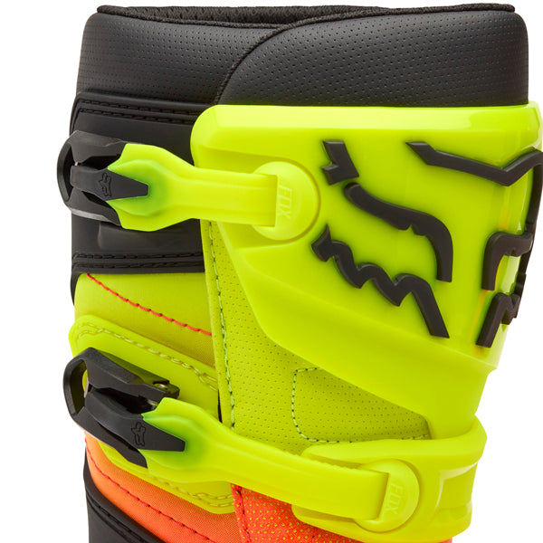 Fox Racing Comp Boots (Youth) product image in Wht/Flo/Red sizes Y-1, Y-2, Y-3, Y-4, Y-5, Y-6, Y-7, Y-8 SKU 36364-047-. Boots | Available at BTO Sports