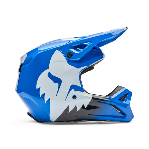Front view of V1 Shield Helmet in blue showing vent placement and Mips® protection, SKU 36385002, sizes XS, SM, MD, LG, XL, size XS, sizes XS to XL.
