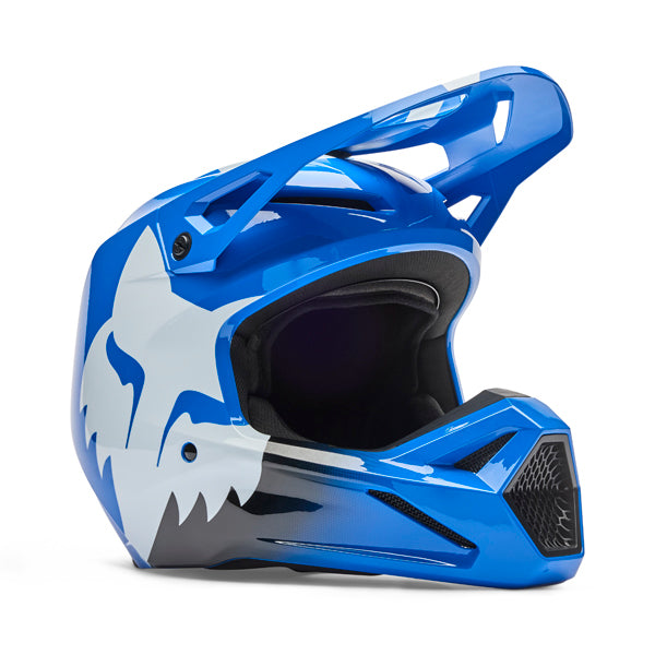 Side view of Fox Racing SKU 36385-002XS V1 Shield Helmet in blue showing visor and shell profile, SKU 36385002, sizes XS, SM, MD, LG, XL, size XS, sizes XS to XL.