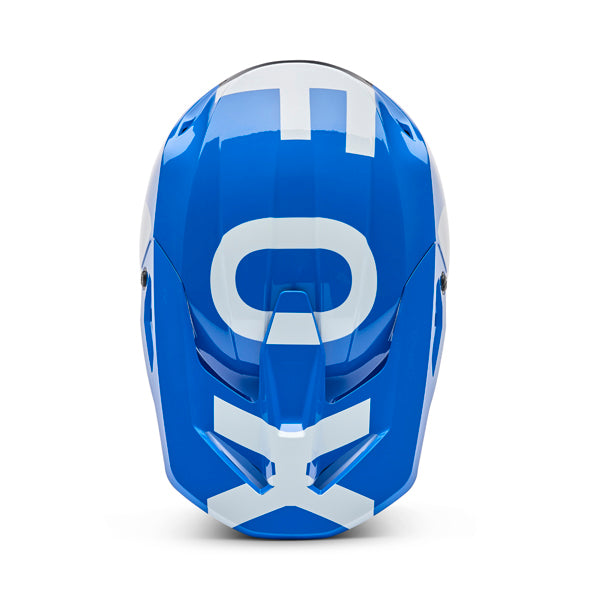 Top-down view of helmet in blue showing intake vents and visor mount, SKU 36385002, sizes XS, SM, MD, LG, XL, size XS, sizes XS to XL.