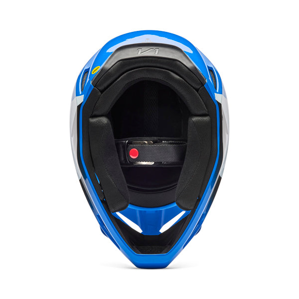 Interior view of helmet in blue showing liner and cheek pad system, SKU 36385002, sizes XS, SM, MD, LG, XL, size XS, sizes XS to XL.