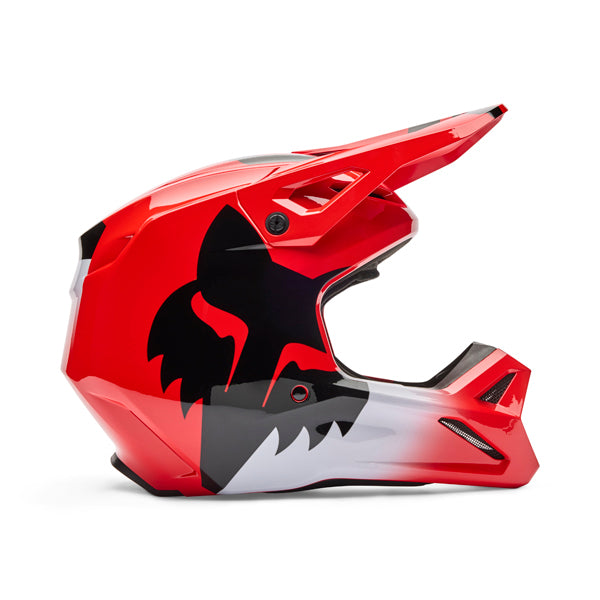 Front view of V1 Shield Helmet in fluorescent red showing vent placement and Mips® protection, SKU 36385110, sizes XS, SM, MD, LG, XL, size XS, sizes XS to XL.