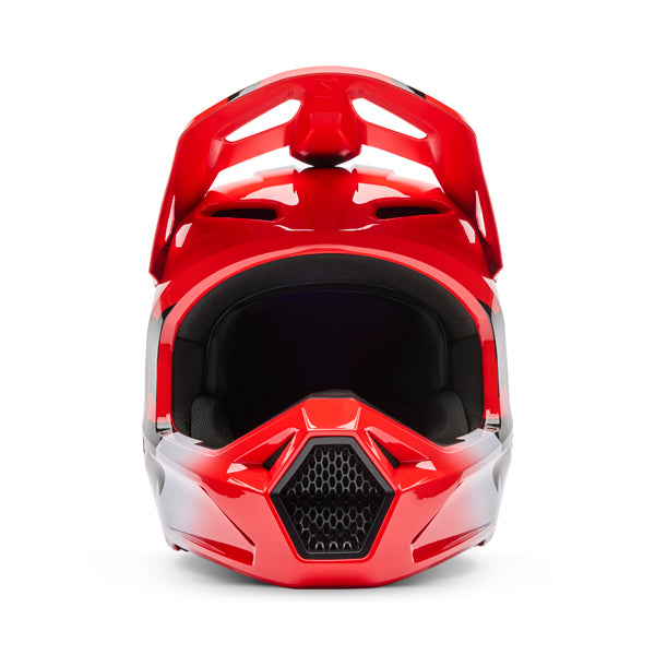 Angled front view of helmet in fluorescent red showing chin bar and vent layout, SKU 36385110, sizes XS, SM, MD, LG, XL, size XS, sizes XS to XL.