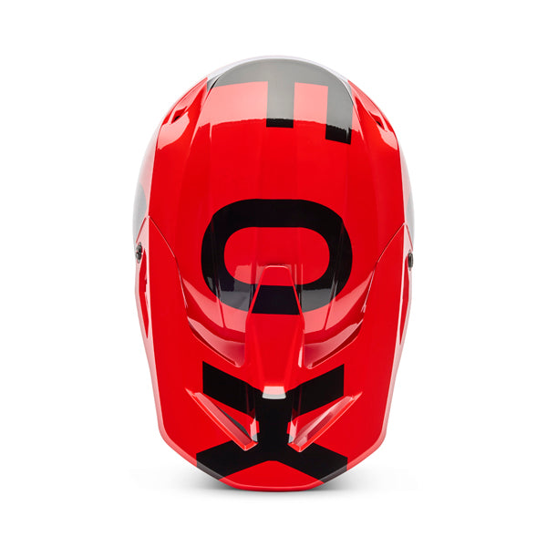 Top-down view of helmet in fluorescent red showing intake vents and visor mount, SKU 36385110, sizes XS, SM, MD, LG, XL, size XS, sizes XS to XL.