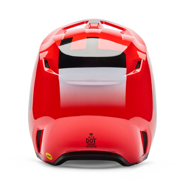 Rear view of helmet in fluorescent red showing exhaust vents and shell contour, SKU 36385110, sizes XS, SM, MD, LG, XL, size XS, sizes XS to XL.