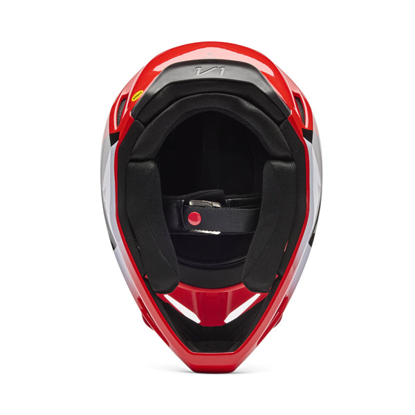 Interior view of helmet in fluorescent red showing liner and cheek pad system, SKU 36385110, sizes XS, SM, MD, LG, XL, size XS, sizes XS to XL.