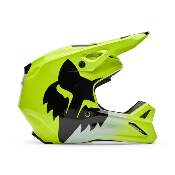 Front view of Fox Racing SKU 36385-130XS V1 Shield Helmet in flo yellow showing vent layout and Mips® protection, SKU 36385130, sizes XS, SM, MD, LG, XL, size XS, sizes XS to XL.
